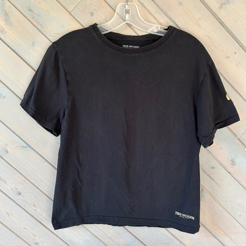 True Religion Mens Black Cotton T-Shirt Gold Horseshoe‎ Logo Size Medium